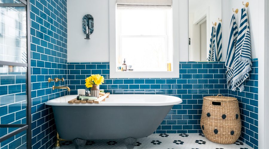 Bright aqua tile bathroom